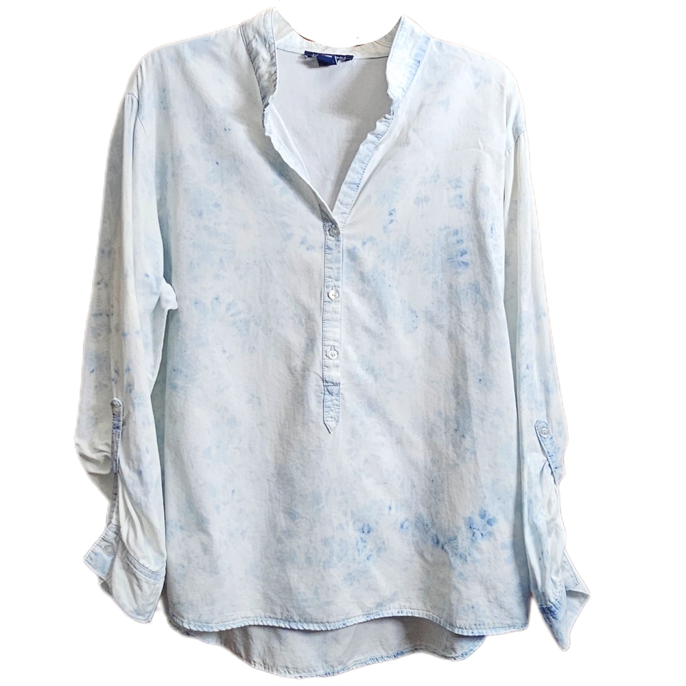 Bandolino Womens Large button down Acid Wash Shirt Top Blouse Cotton white blue - Picture 2 of 9